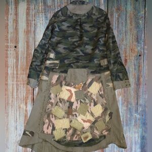Upcycled camouflage army patchwork military long utility duster jacket